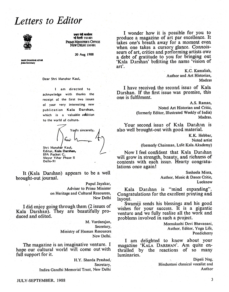 Letters/Response – Kalā Darshan Vol-1 Issue-3 (1988)