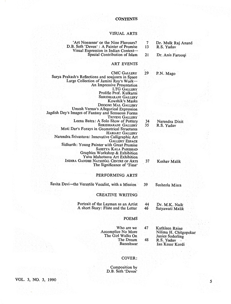 Contents – Kalā Darshan Vol-3 Issue-3 (1990)